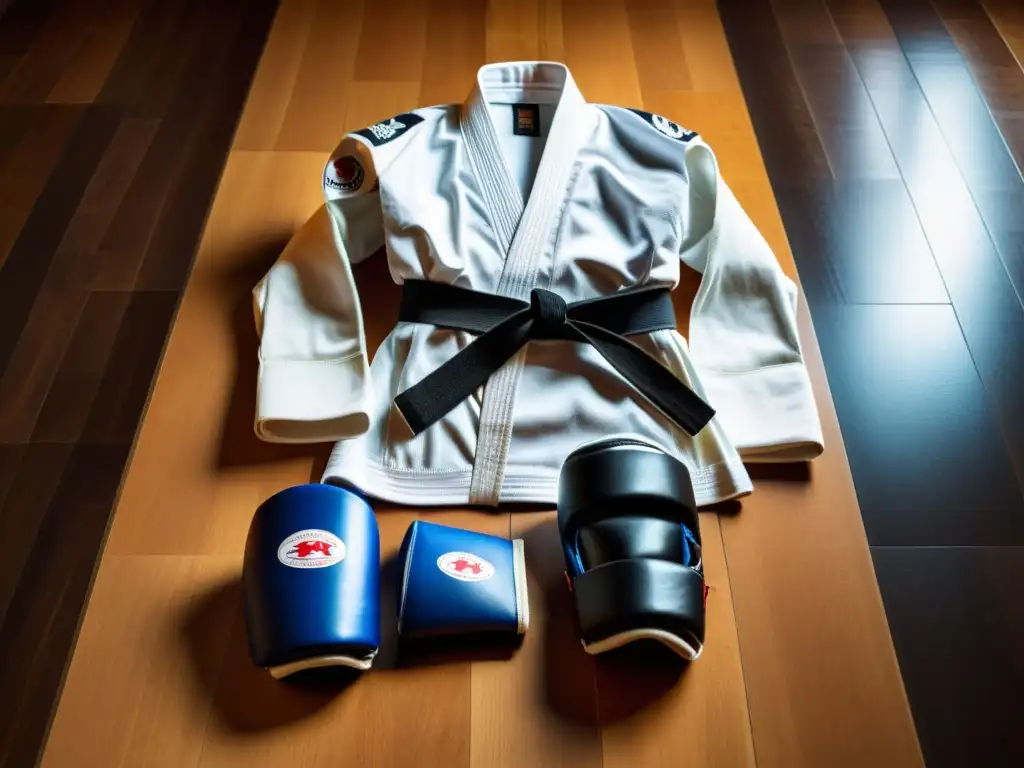 Un kit de competidor de artes marciales esenciales, con uniforme blanco impecable y equipo protector desgastado, listo para la acción