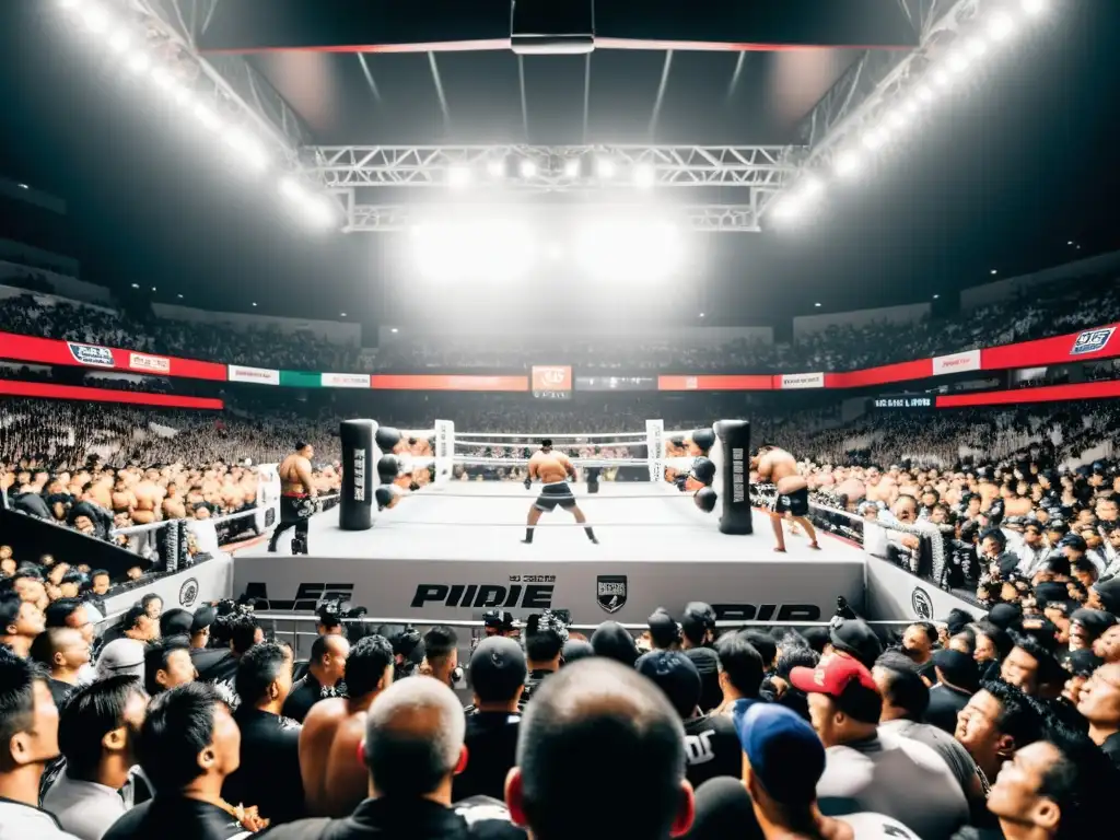 Legado PRIDE FC en las MMA: Estadio repleto en Japón durante un evento, con luchadores en el ring y una multitud emocionada