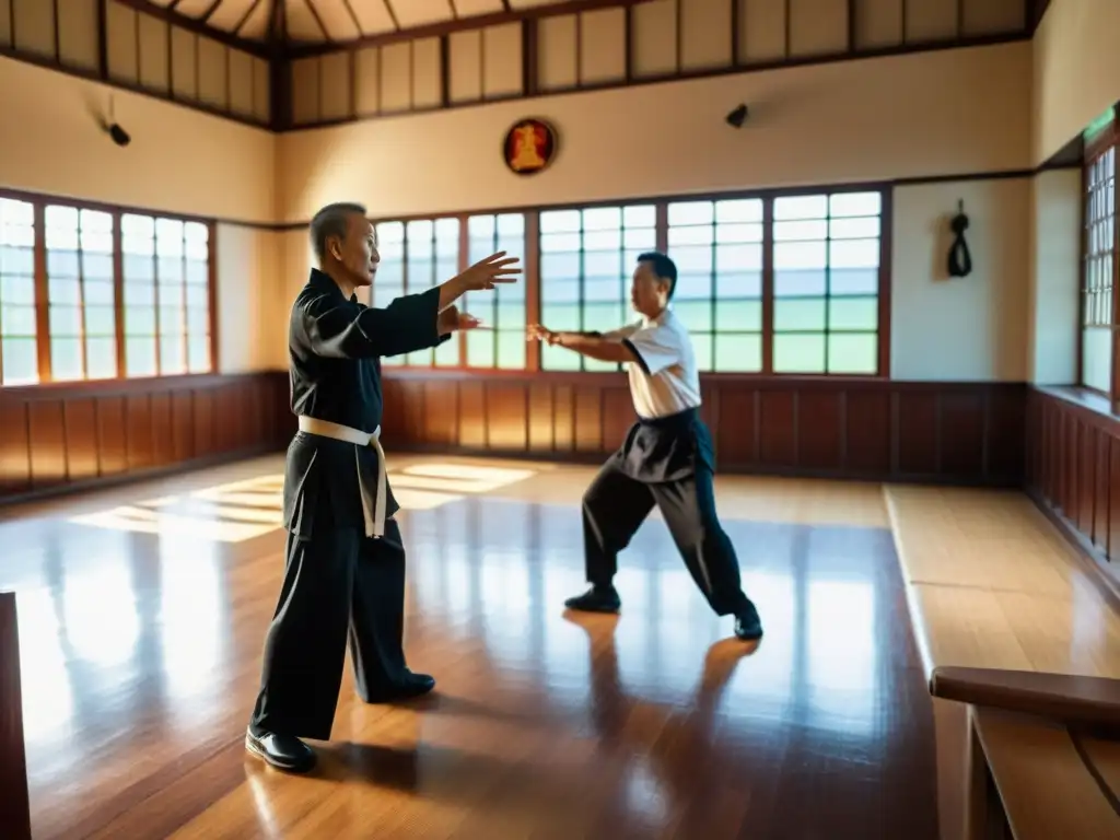 El legado de Wing Chun se hace presente en la imagen de Ip Chun en el salón de entrenamiento, evocando sabiduría y autoridad