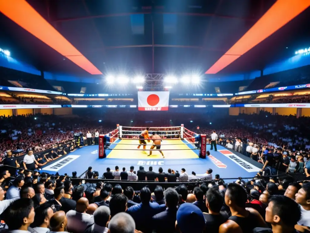 Un legendario evento de PRIDE FC en Japón: dos luchadores en intensa batalla, rodeados de fans e iluminados por luces de neón