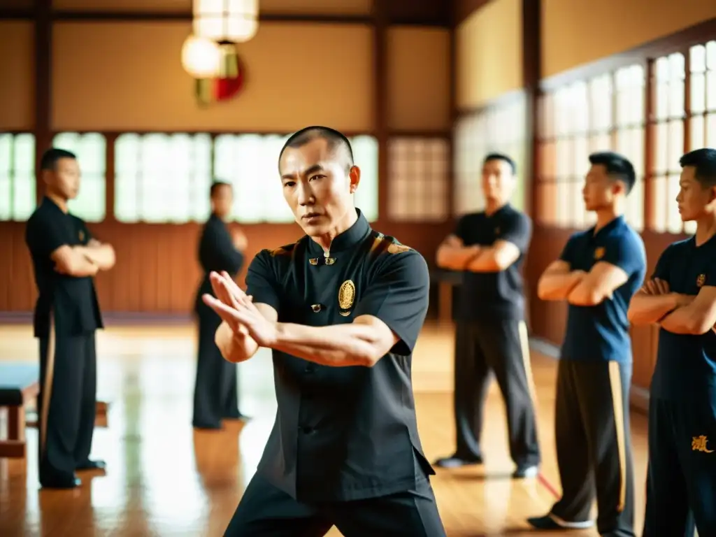 El legendario Gran Maestro Ip Man enseña Wing Chun en un salón tradicional, mientras los estudiantes practican movimientos precisos