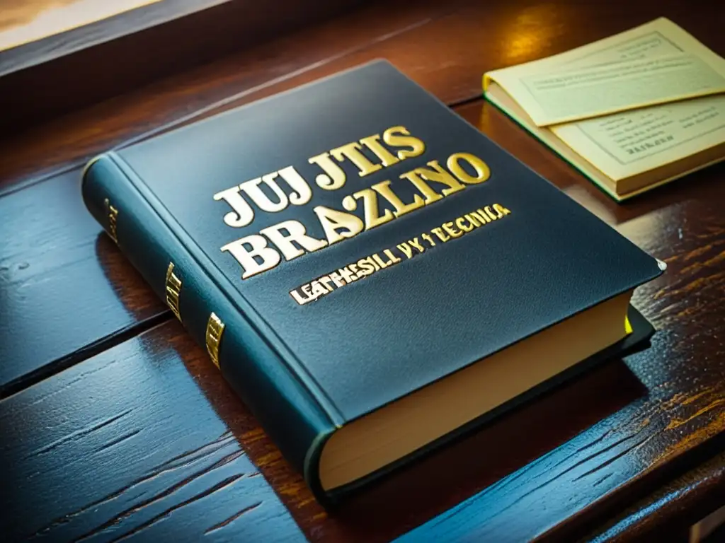 Un libro de JiuJitsu Brasileño en un escritorio vintage iluminado por luz suave