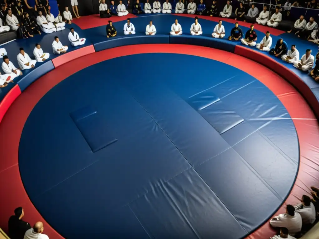 Competición de JiuJitsu llena de energía, con atletas enfocados y una multitud entusiasta