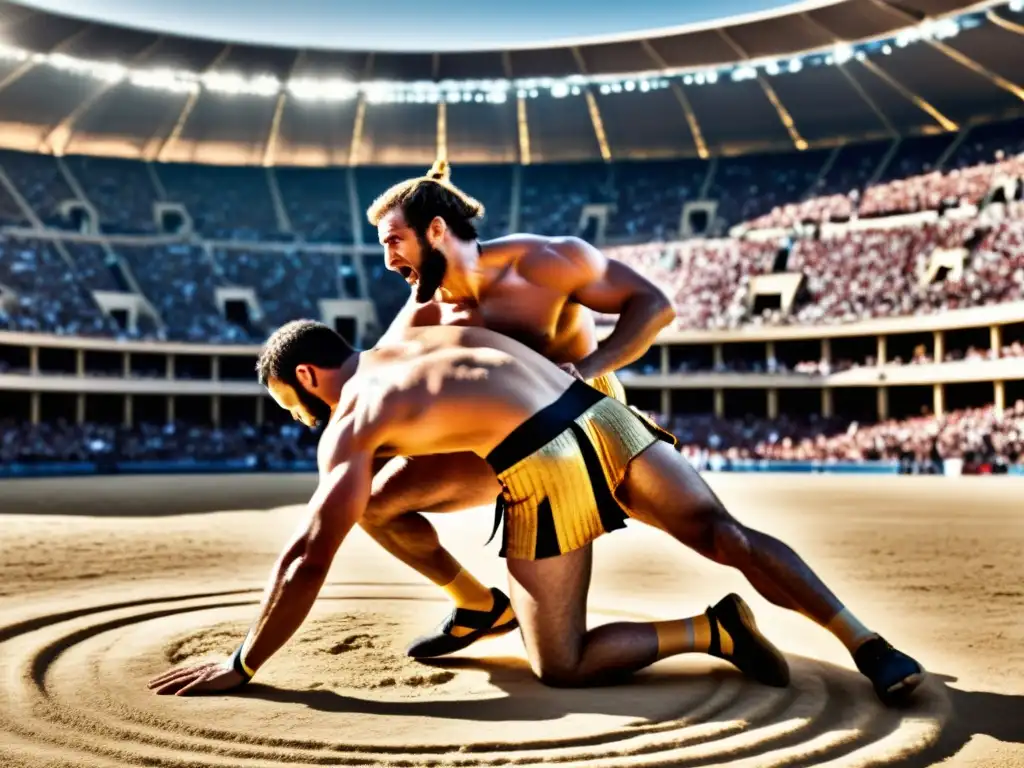 Recreación de lucha olímpica en estadio antiguo: atletas en acción, espectadores, historia y modernidad se entrelazan