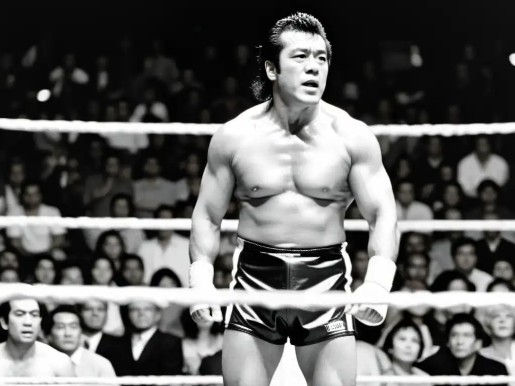 Antonio Inoki lucha profesional Japón: Inoki en el cuadrilátero, concentrado, rodeado de una multitud eufórica