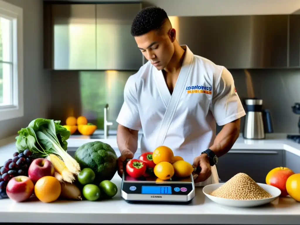 Un luchador de artes marciales en una cocina soleada, midiendo con cuidado ingredientes frescos en una balanza digital