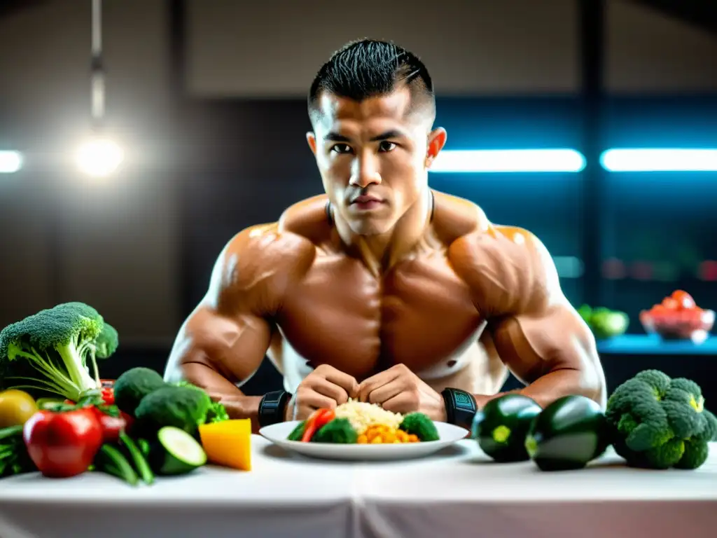 Un luchador de artes marciales prepara una comida equilibrada antes del combate, mostrando disciplina y enfoque