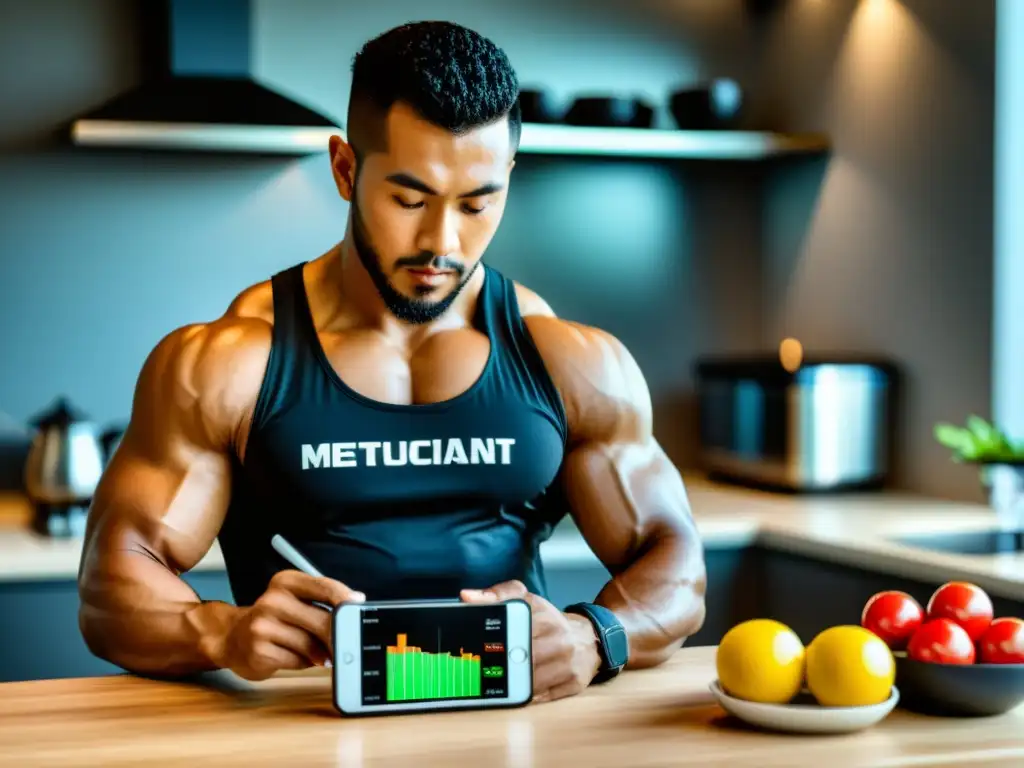 Un luchador de artes marciales prepara con dedicación una comida balanceada mientras usa una app de nutrición en su smartphone