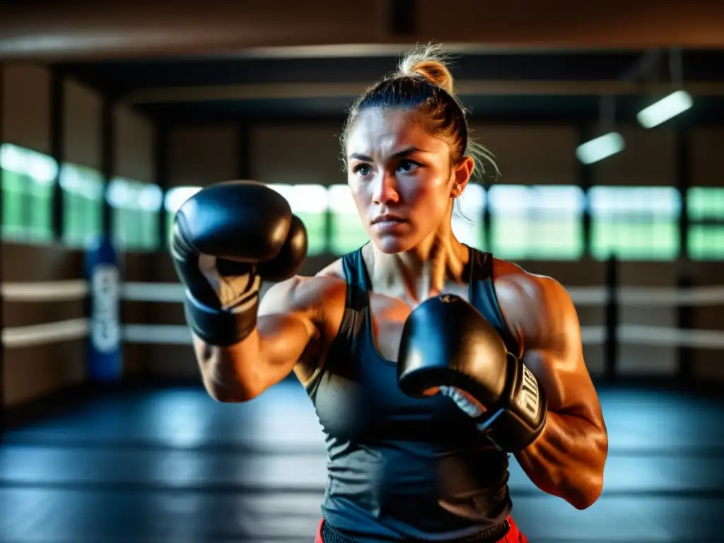 Un luchador de artes marciales entrenando con determinación en un gimnasio oscuro y lleno de equipamiento, destacando la intensidad física y mental