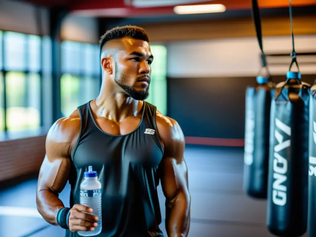 Un luchador de artes marciales profesionales se hidrata con agua electrólitos en un gimnasio auténtico, reflejando la intensidad del entrenamiento