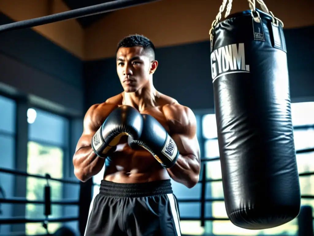 Un luchador de artes marciales con vendas y guantes de boxeo listo para golpear una bolsa de golpeo en un gimnasio oscuro