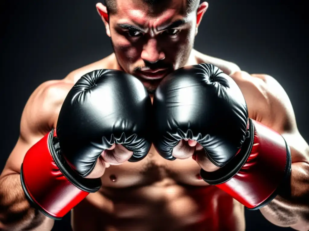 Un luchador se prepara para la batalla, con guantes MMA adaptados estilo lucha, en un ambiente oscuro y lleno de determinación