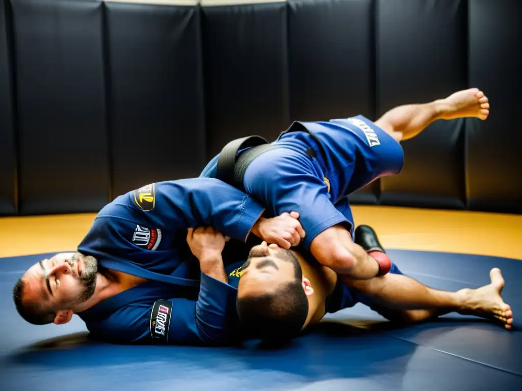 Un luchador de JiuJitsu Brasileño ejecuta una técnica de sumisión impecable durante un entrenamiento profesional, mostrando la intensidad y precisión de las técnicas esenciales del JiuJitsu Brasileño