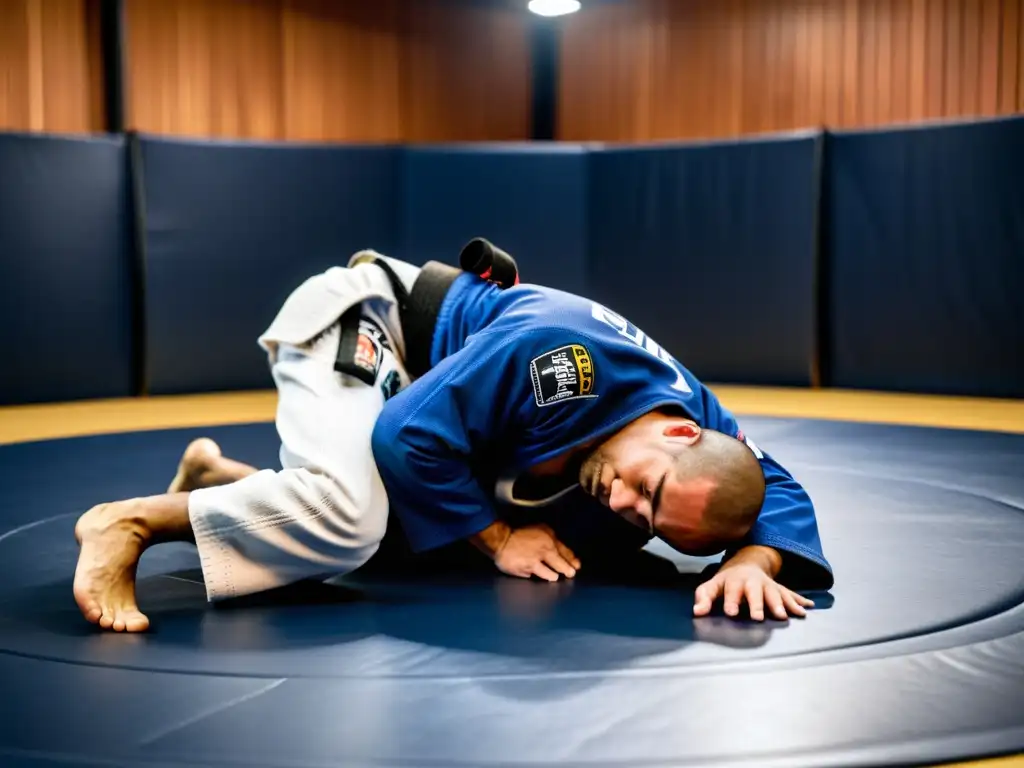 Un luchador de Jiu Jitsu Brasileño demostrando técnicas esenciales con precisión y enfoque en un dojo