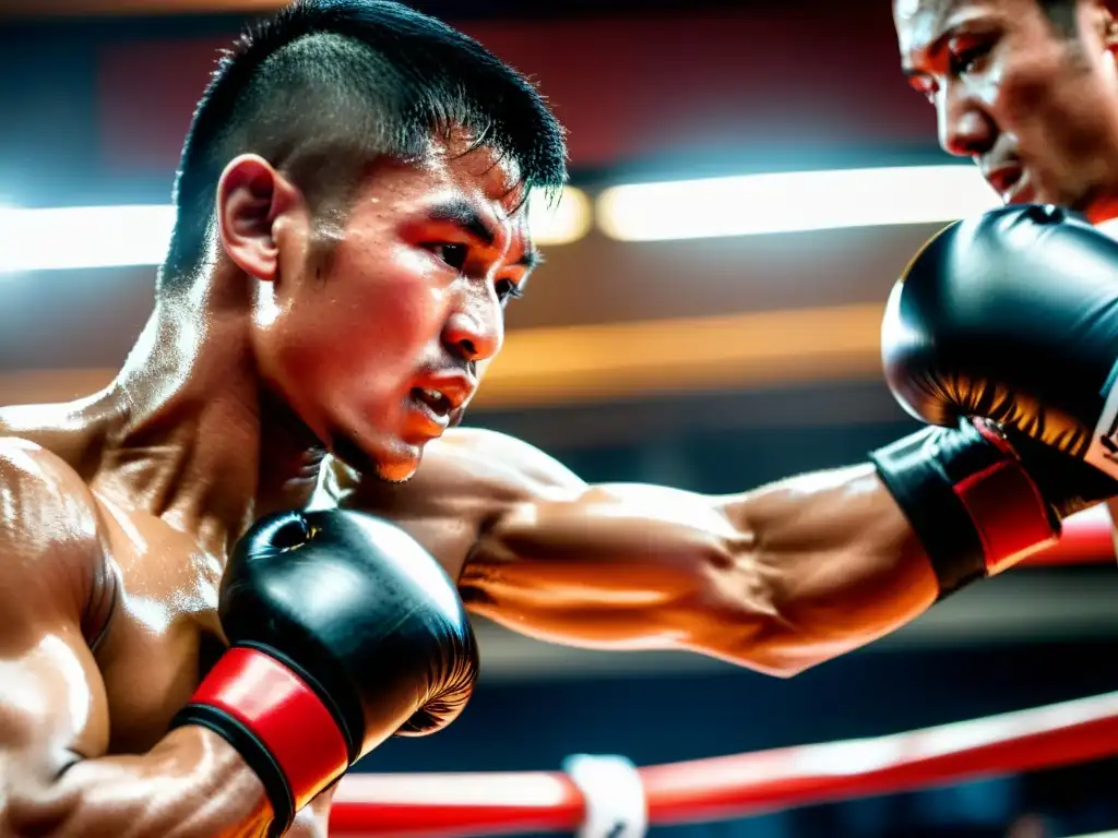 Un luchador de Muay Thai golpea con el codo un saco de boxeo, mostrando técnicas de golpeo con codos y rodillas