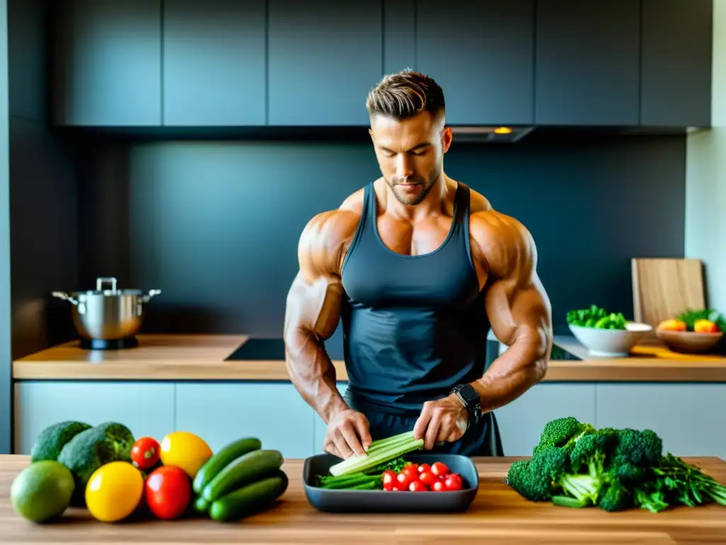 Un luchador prepara una comida balanceada en una cocina moderna, con ingredientes frescos y organizados