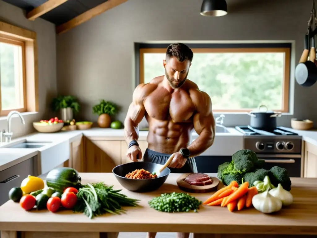 Un luchador prepara una comida paleo en una cocina rústica, rodeado de ingredientes naturales