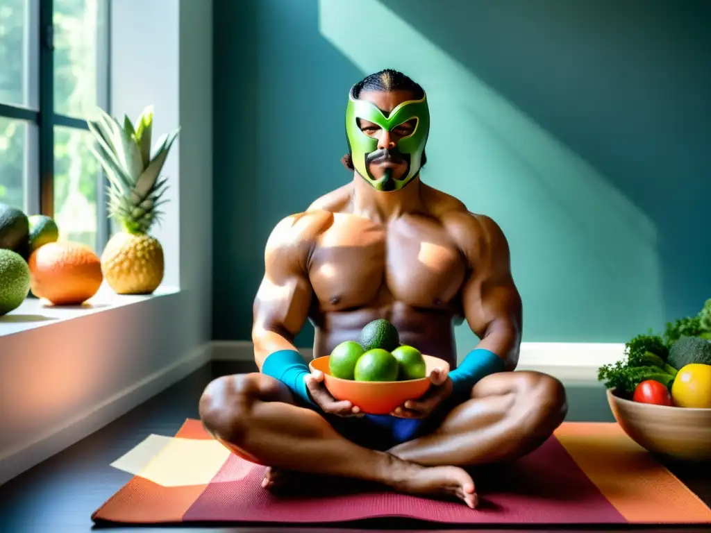 Un luchador prepara una comida holística rodeado de alimentos frescos