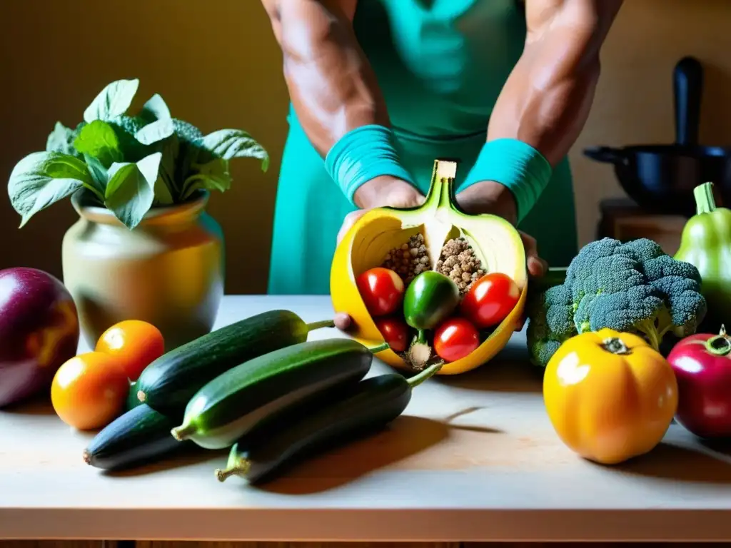 Un luchador prepara con dedicación una variedad vibrante de productos orgánicos en una cocina rústica