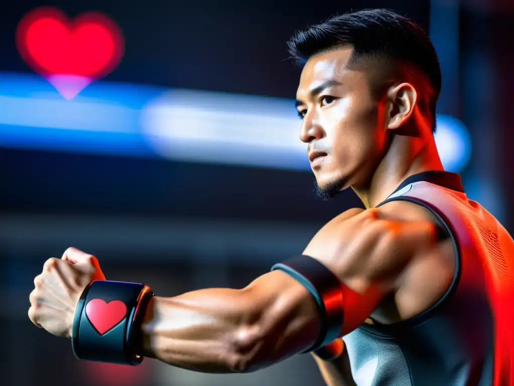 Un luchador con un dispositivo wearable futurista muestra fuerza y determinación en un entorno de alta tecnología