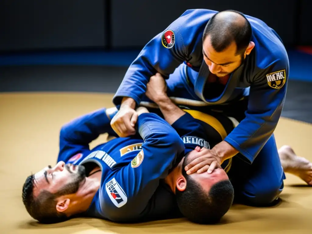 Un luchador de JiuJitsu ejecuta una sumisión efectiva en una competencia, mostrando determinación y habilidad técnica