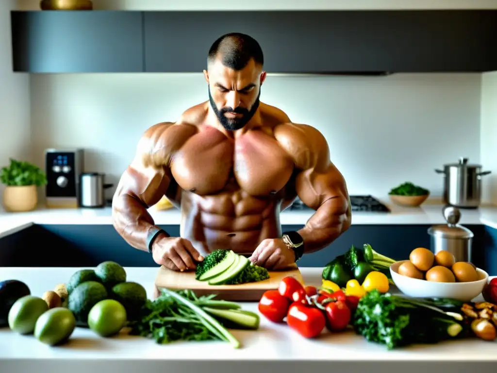 Un luchador enfocado preparando una comida paleo con ingredientes frescos en una cocina bien iluminada