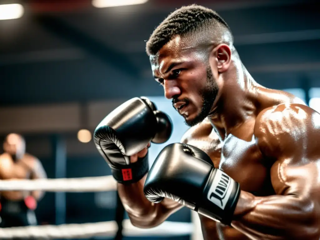 Un luchador enfocado y musculoso en un gimnasio oscuro, demostrando su poderosa técnica