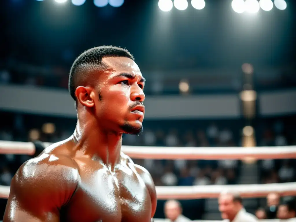 Un luchador enfocado, con sudor en la frente, mira con determinación a su oponente en el ring