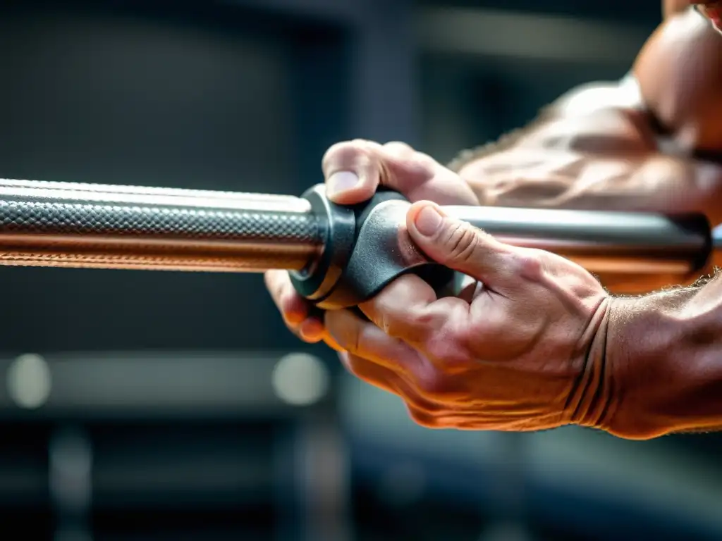 Un luchador se esfuerza en un entrenamiento específico para fuerza de agarre, mostrando determinación y dedicación intensa