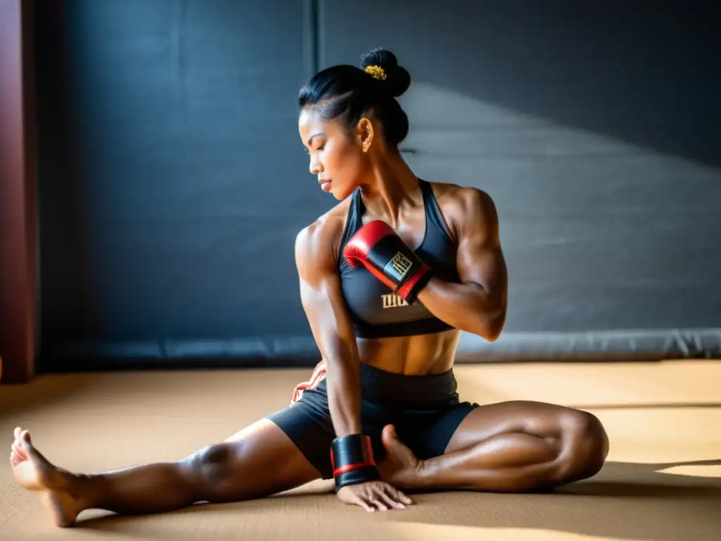 Un luchador experimentado de Muay Thai realiza un estiramiento profundo de yoga, mostrando determinación y fuerza