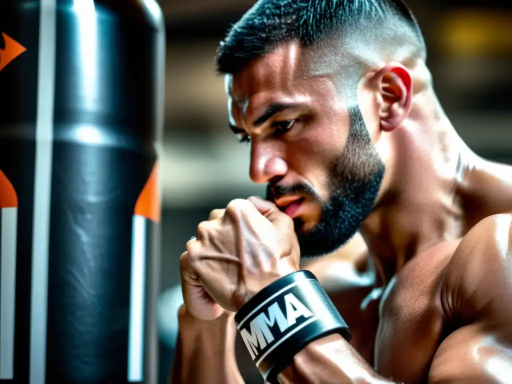 Un luchador de MMA sostiene un frasco de suplementos para entrenamiento, con determinación y sudor en su rostro, en un gimnasio de ambiente intenso