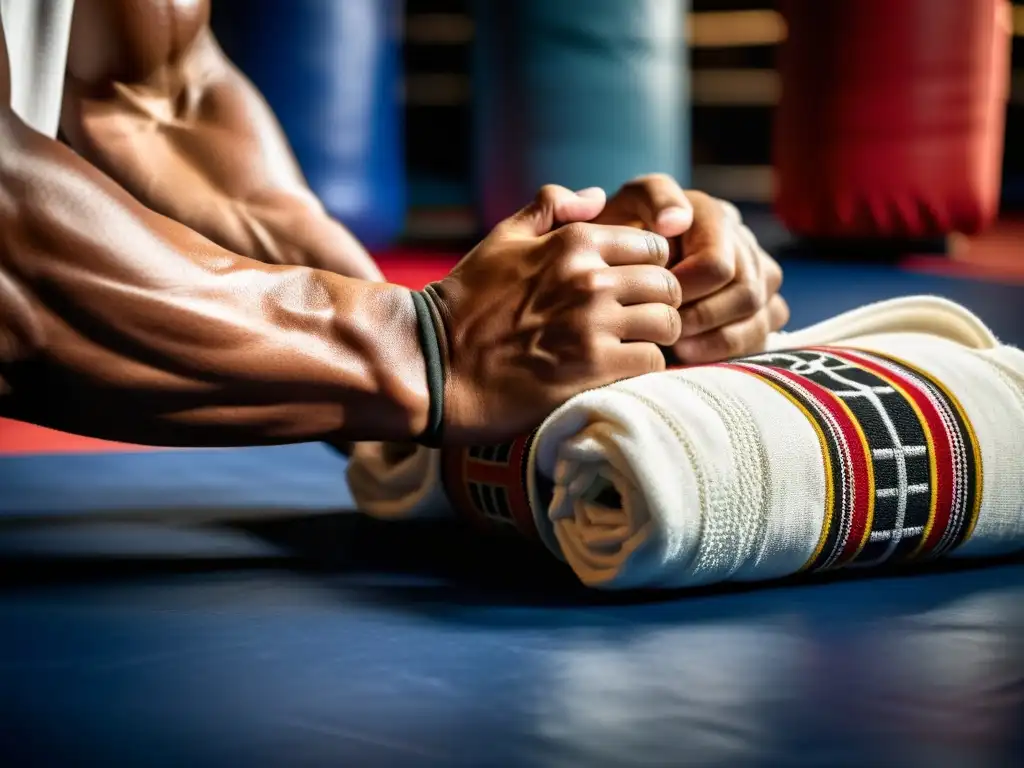 Un luchador de sanda se prepara para competir, mostrando determinación y fuerza en un gimnasio de entrenamiento oscuro