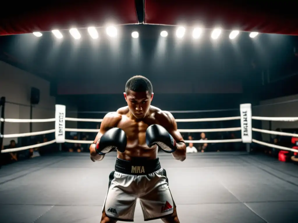 Un luchador de MMA entrena con determinación en un gimnasio oscuro, reflejando el impacto cultural de las artes marciales mixtas