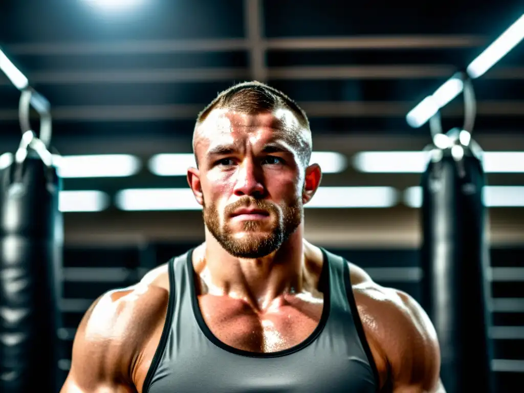 Un luchador de MMA descansa en el gimnasio, con sudor en el rostro y músculos brillantes bajo las luces, destacando la exigencia física