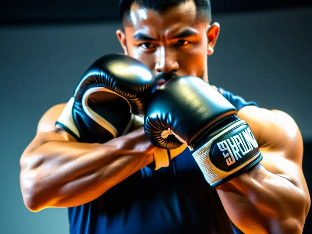 Un luchador con guantes de agarre para artes marciales demuestra técnica con determinación y fuerza