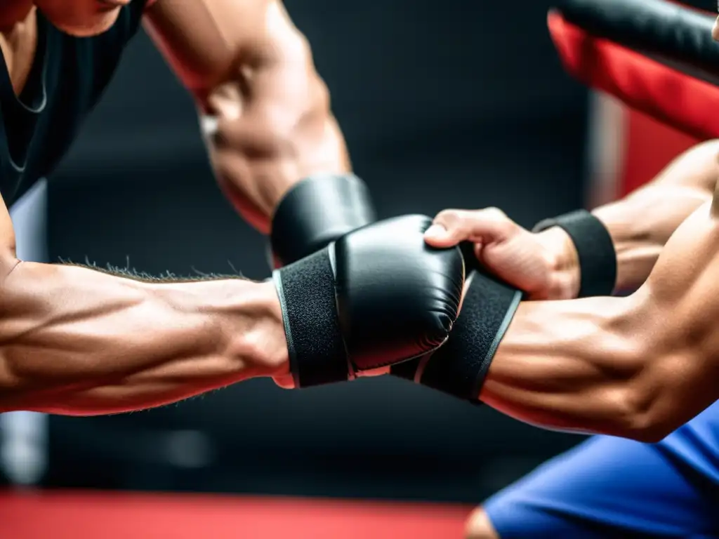 Un luchador se prepara con determinación, sus manos envueltas en cinta negra