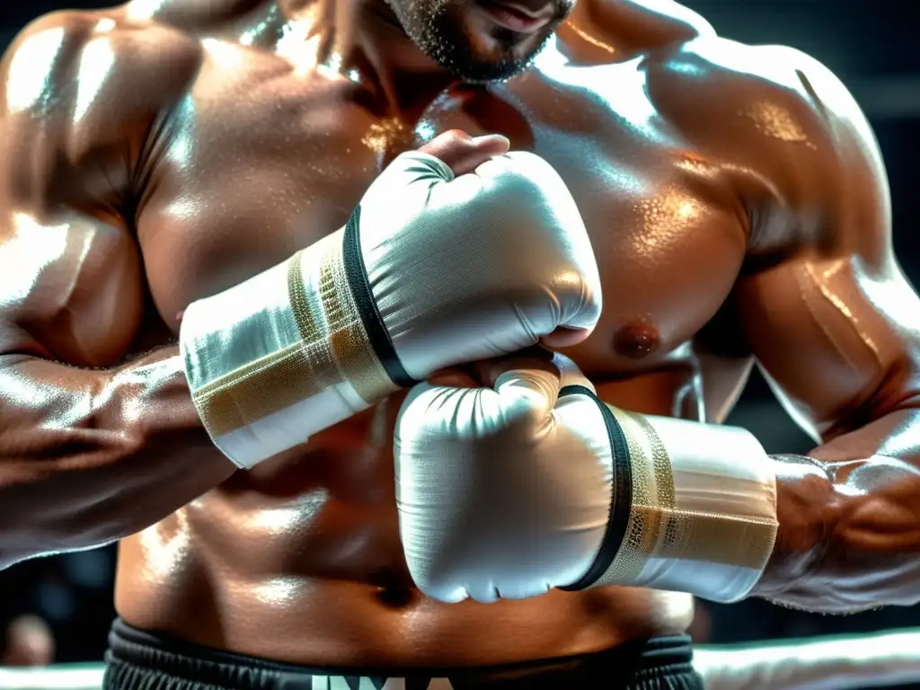 El luchador de MMA se prepara para la batalla, mostrando determinación en su mirada y manos fuertes