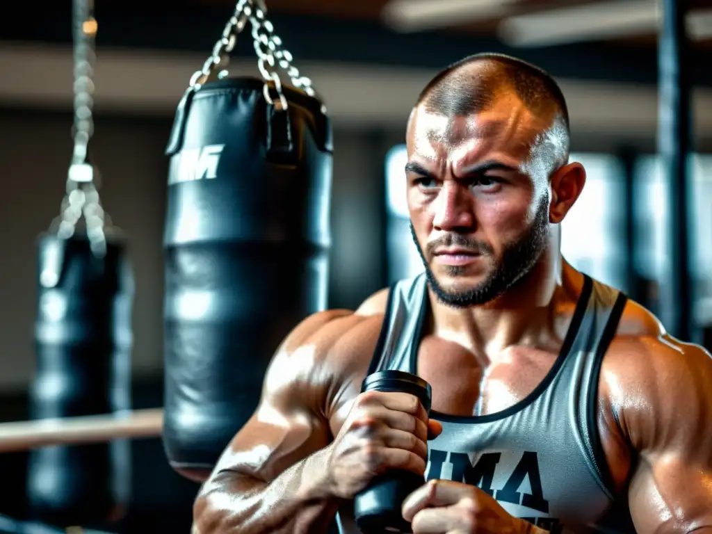 Un luchador de MMA consumiendo un batido de proteínas en el gimnasio, enfocado y determinado