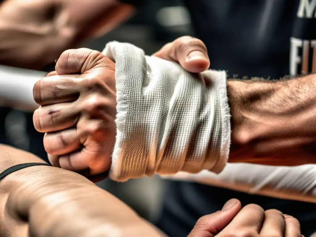 Un luchador de MMA se prepara con cinta y vendas en las manos, mostrando la intensidad y dedicación del entrenamiento