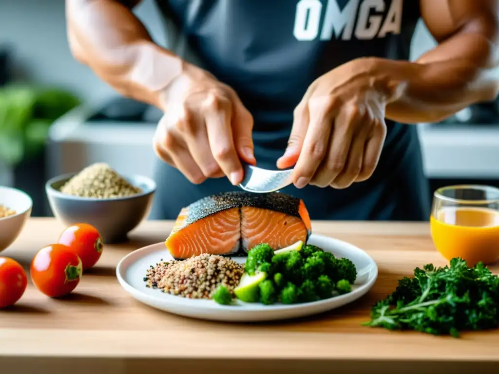 Un luchador de MMA se enfoca en preparar una comida rica en omega 3 en su cocina