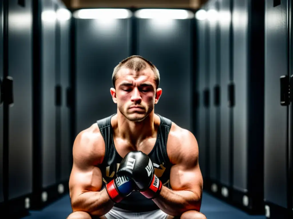 Un luchador de MMA concentrado, ojos cerrados, en la penumbra del vestuario