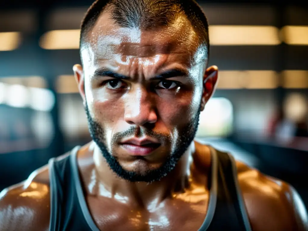 Un luchador de MMA se enfoca en su entrenamiento, con perlas de sudor en la frente, mostrando determinación y técnica de respiración para MMA