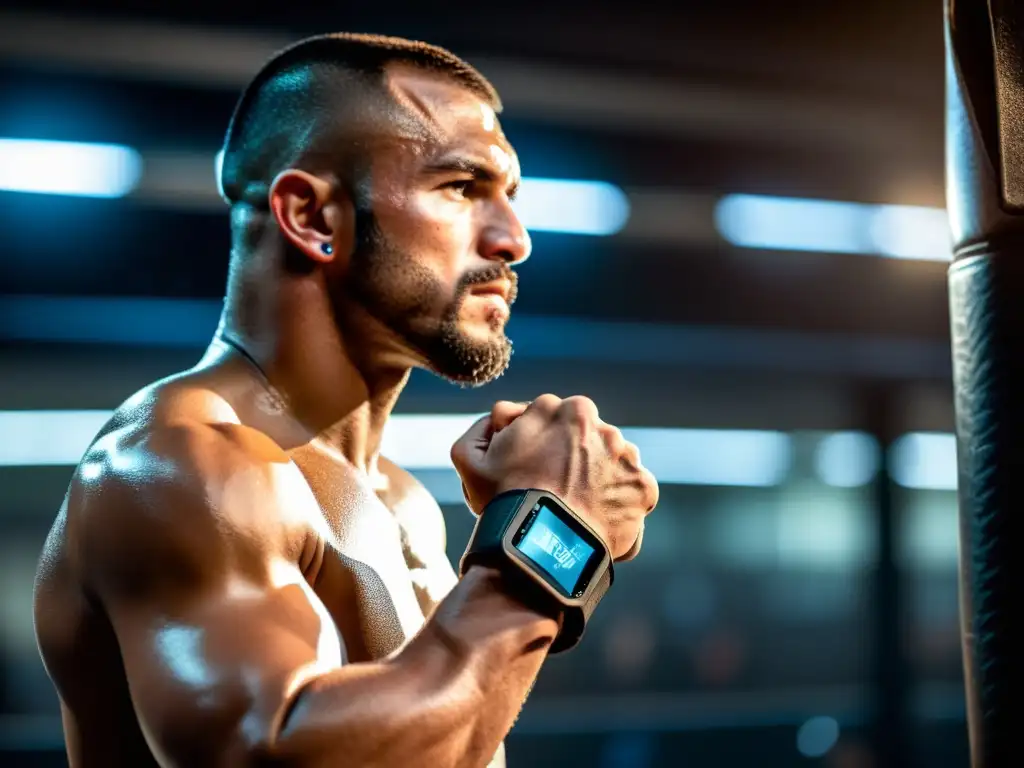 Un luchador de MMA en un gimnasio, con una pulsera de actividad de alta tecnología