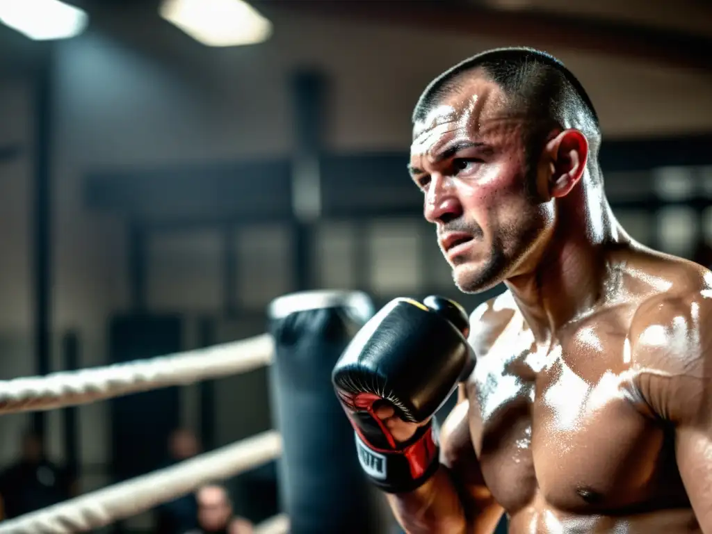 Determinación en el entrenamiento de MMA Un luchador de MMA se entrena con intensidad en un gimnasio sombrío, transmitiendo determinación y esfuerzo