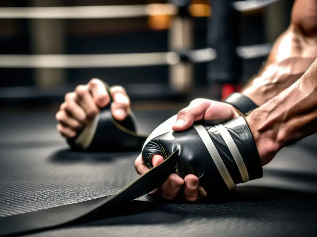 Un luchador de MMA se prepara envolviendo sus manos con cinta en un gimnasio, creando una atmósfera intensa