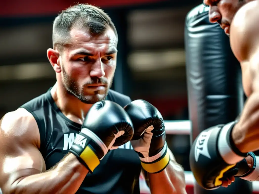 Preparación intensa en el gimnasio de MMA Un luchador de MMA se enfoca y determina mientras se envuelve las manos con cinta protectora, en un gimnasio dinámico