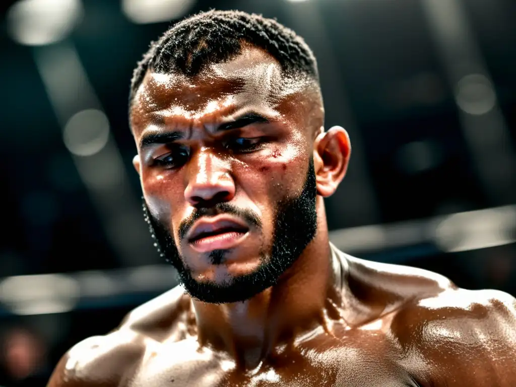 Un luchador de MMA con mirada feroz, músculos tensos y sudor en la frente, mostrando las técnicas para obtener cinturón negro