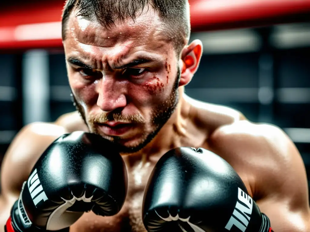 Un luchador de MMA se enfoca intensamente en su oponente durante un entrenamiento, con sudor en el rostro y músculos tensos