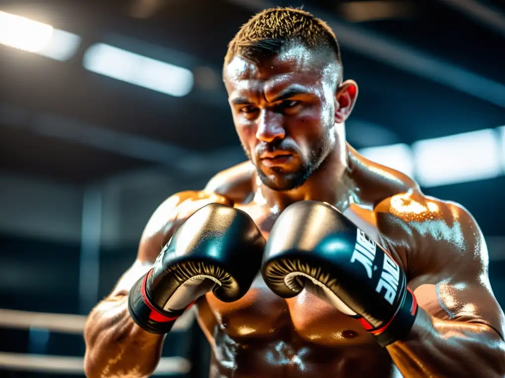 Un luchador de MMA se entrena levantando pesas en un gimnasio, con sudor y determinación