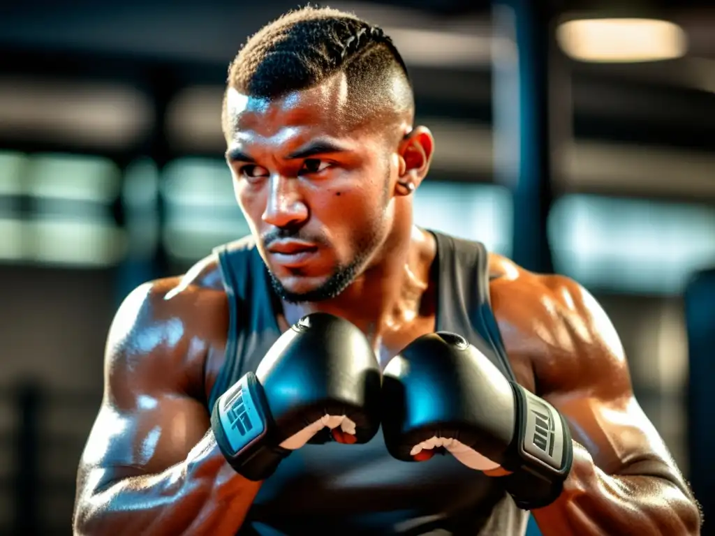 Un luchador de MMA profesional lleva una elegante pulsera de actividad negra, mostrando determinación en un gimnasio auténtico